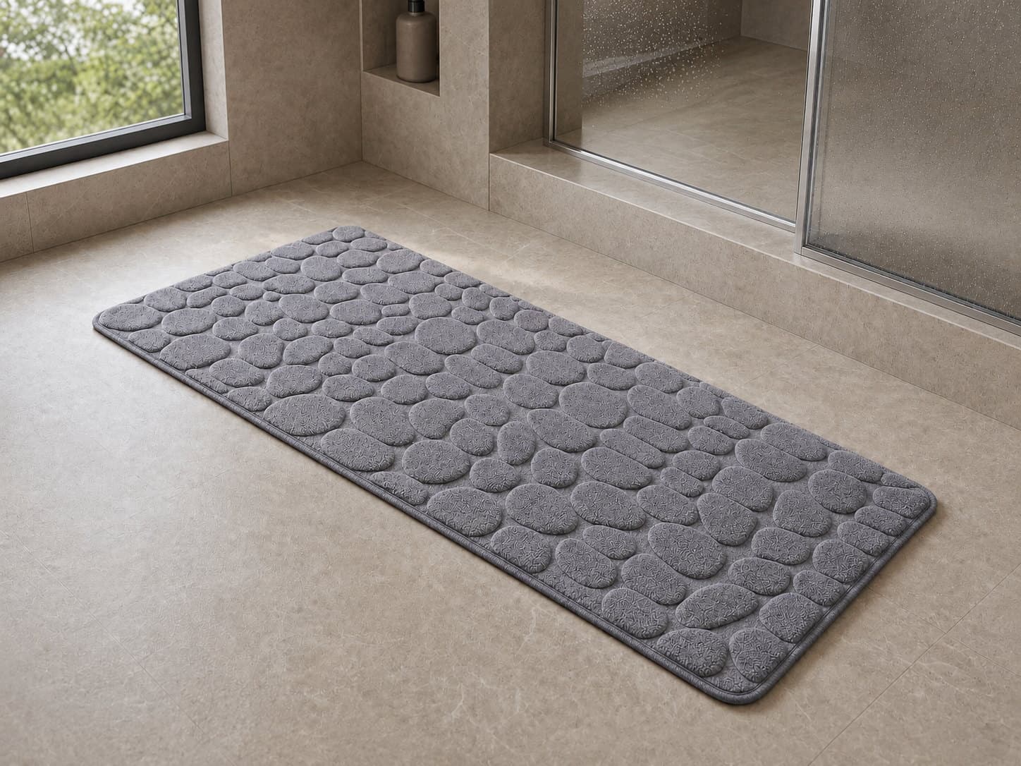Premium Pebble Badmat in een rustige badkamer na het douchen