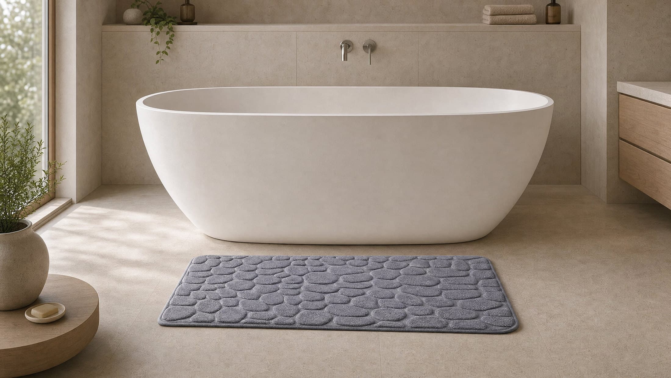 Premium Pebble Badmat 50×120 cm naast het bad, om het formaat te tonen