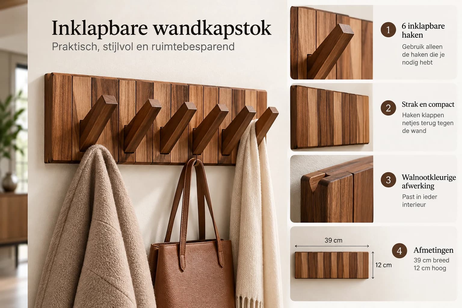 Inklapbare houten wandkapstok 6 haken β Walnootkleur β detail