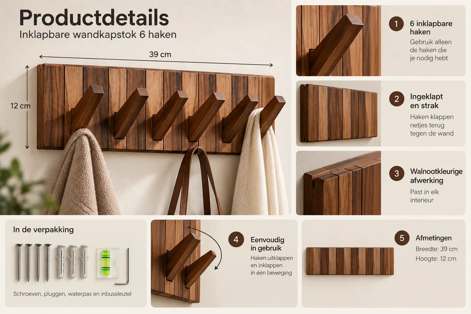 Inklapbare houten wandkapstok 6 haken β Walnootkleur β productdetails