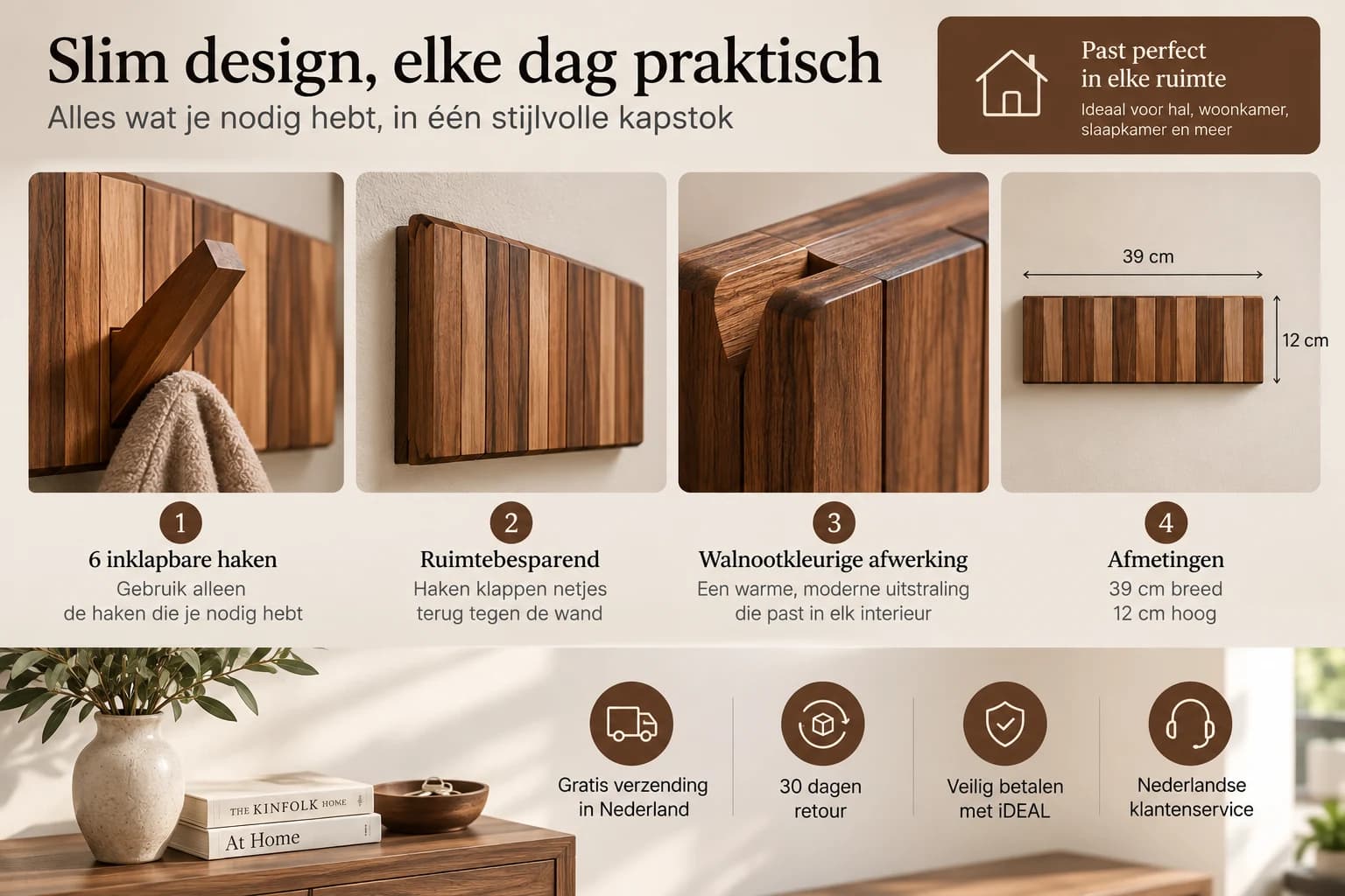 Inklapbare houten wandkapstok 6 haken β Walnootkleur β trust
