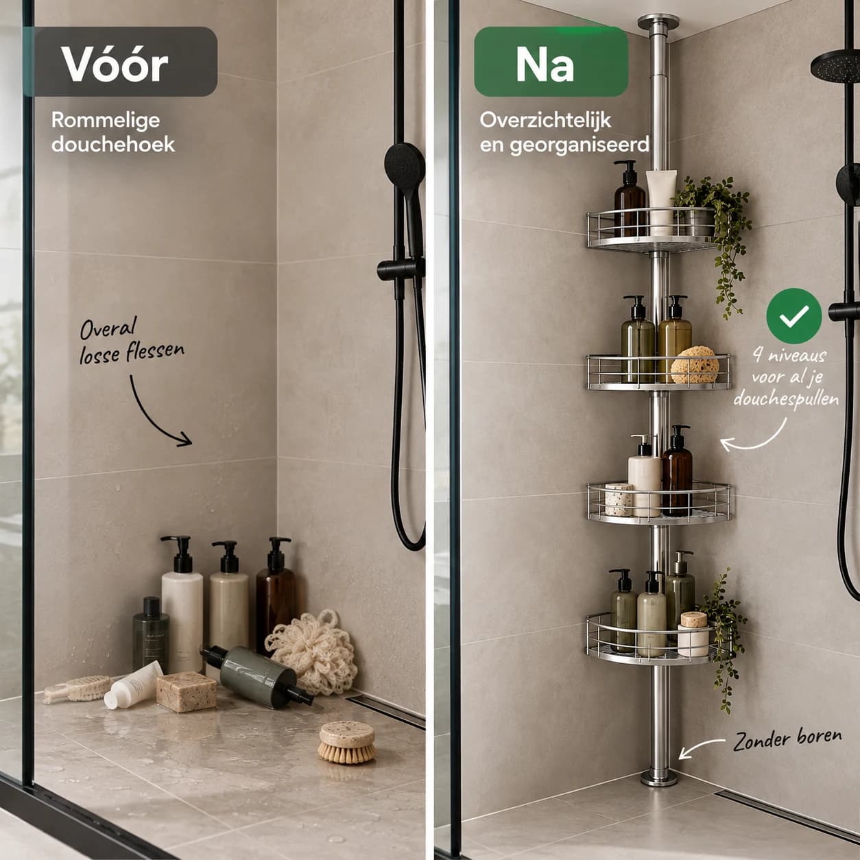Telescopische Doucheorganizer — 4 Niveaus — Zilverkleurig — probleem