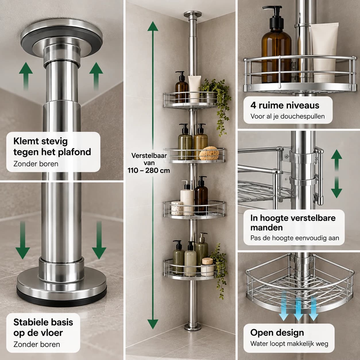 Telescopische Doucheorganizer — 4 Niveaus — Zilverkleurig — klemsysteem