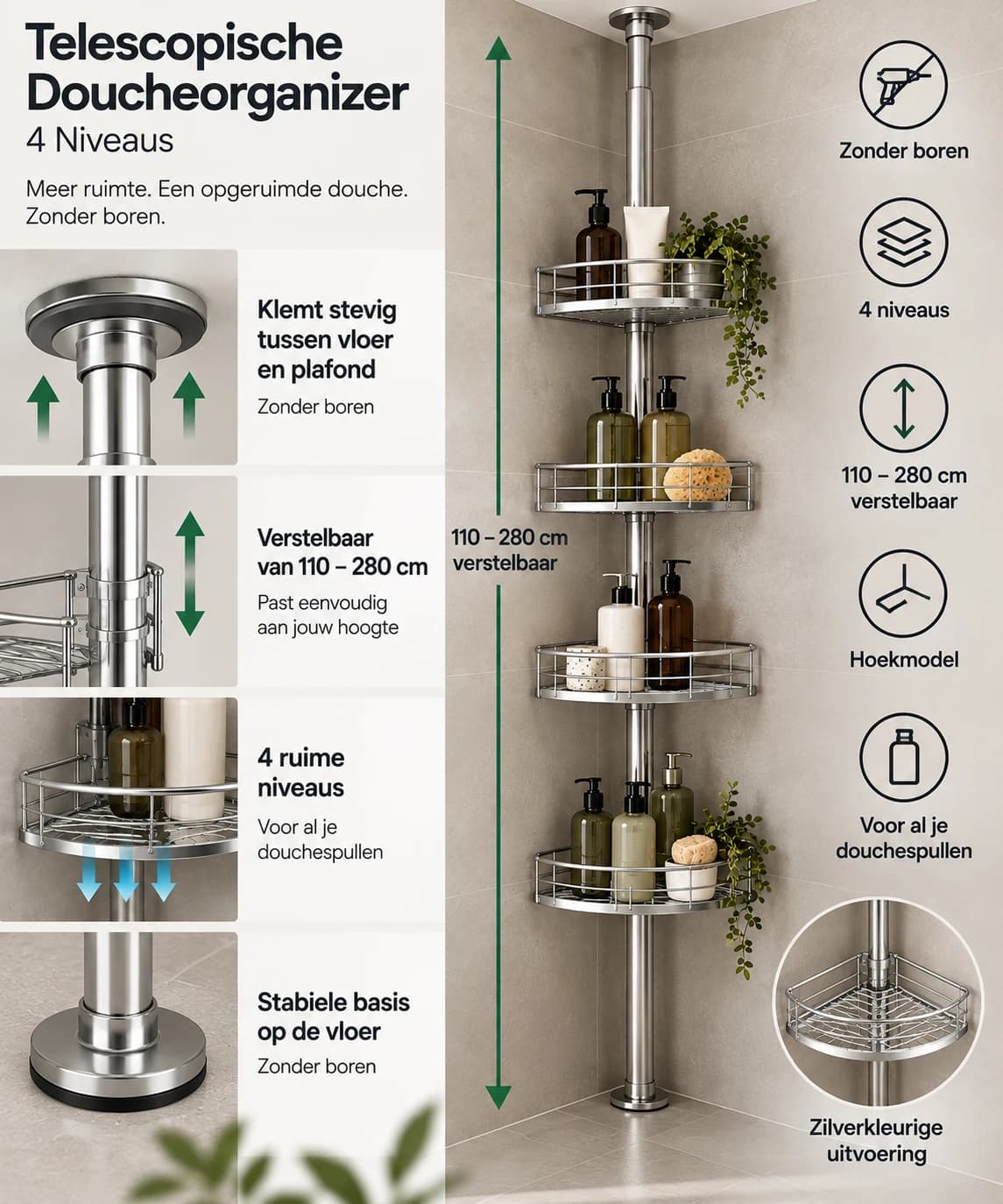 Telescopische Doucheorganizer — 4 Niveaus — Zilverkleurig — specs
